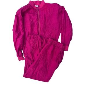 Casual Corner Vintage Magenta Pink 100% Silk Tracksuit Set Jacket Pants Small